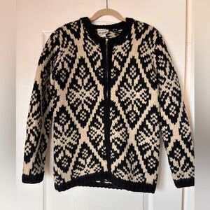 Vntg VS Sport Zip Cardigan Black Cream snowflake Women small Knit Wool Sweater